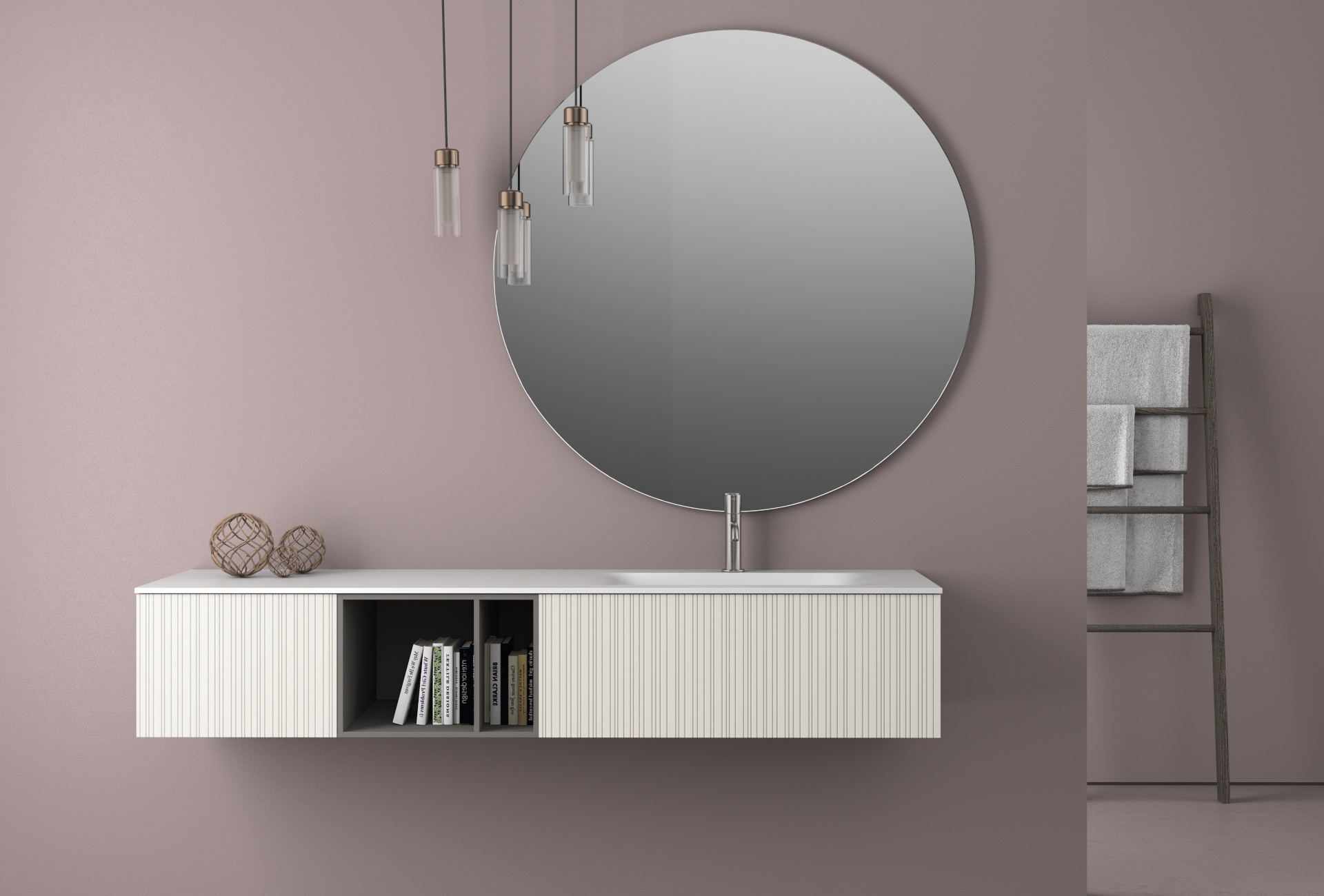 Das weiße Badmöbel-Set Capriccio51 von Sormani hat zwei offene Fächer und einen runden Spiegel.