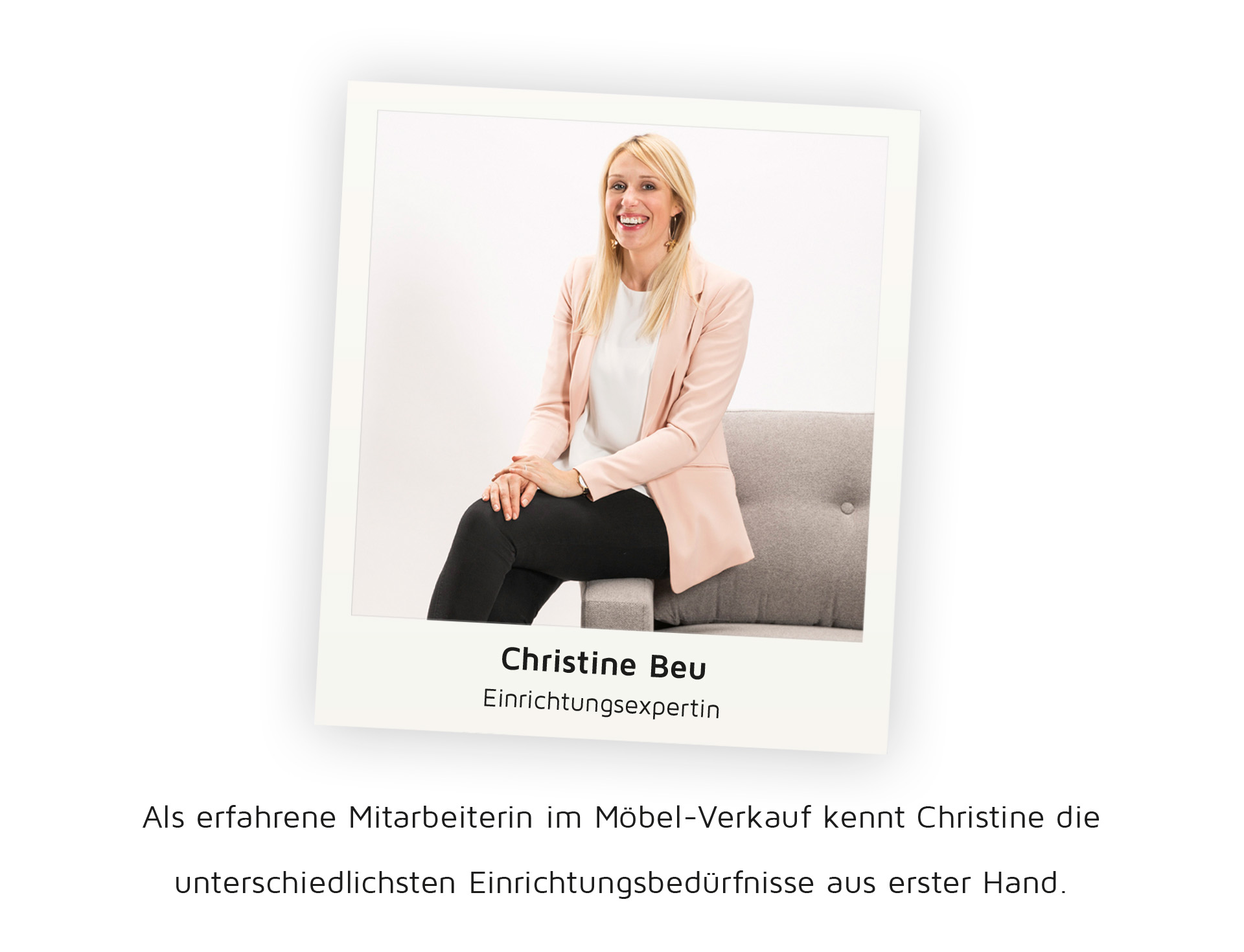 Foto der Einrichtungsexpertin Christine Beu im Polaroid-Stil.