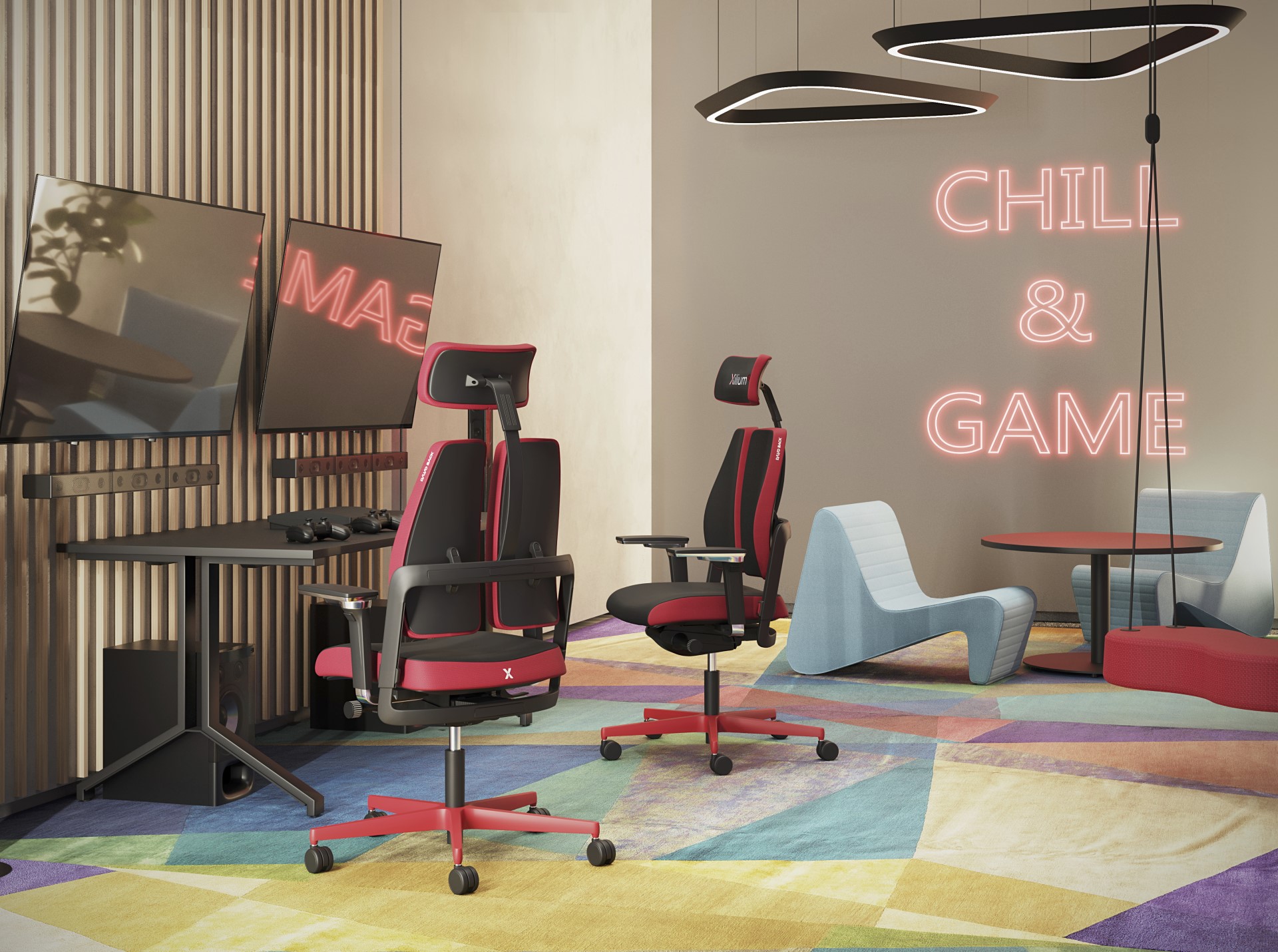 Gamingstuhl Xilium G von Nowystyl mit rotem Stoffbezug in einem Chill & Game Arbeitszimmer