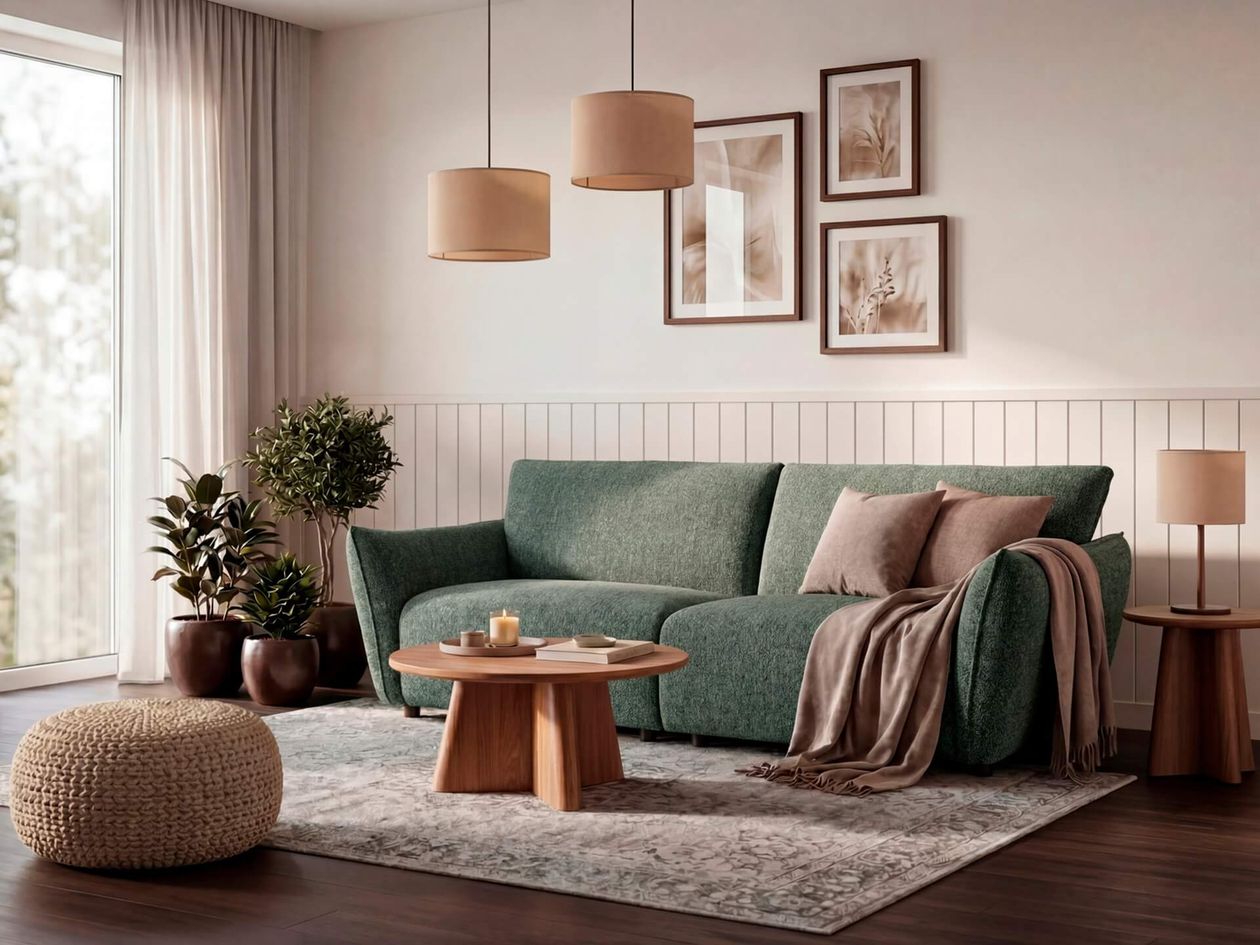 Grünes Dreisitzer-Sofa mit weichen Polstern in einem gemütlichen Wohnzimmer mit Holzcouchtisch, Pendelleuchten, Zimmerpflanzen und Galeriewand.
