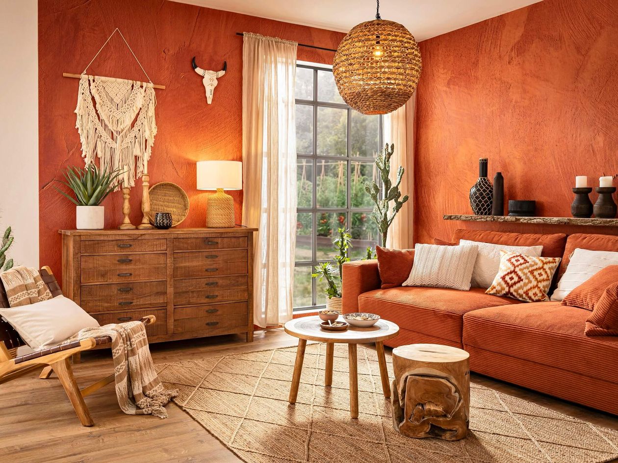 Gemütliches Wohnzimmer mit orangefarbenen Wänden, erdfarbener Dekoration, einer geflochtenen Lampe, gemusterten Kissen und einer rustikalen Holzkommode.