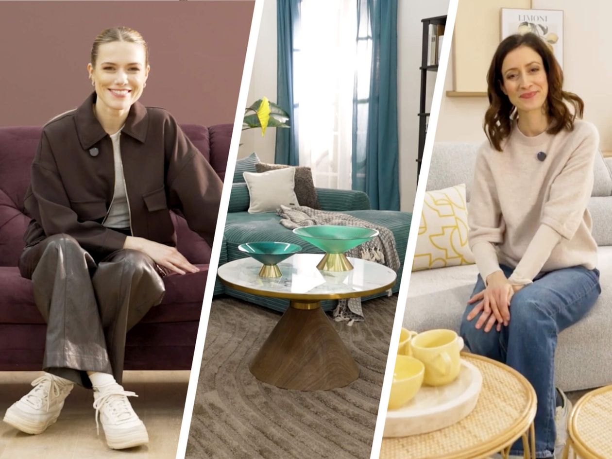 Collage mit zwei Frauen, die auf Sofas in stilvoll eingerichteten Wohnzimmern sitzen, unterbrochen von einem Bild eines modernen Wohnzimmertisches.