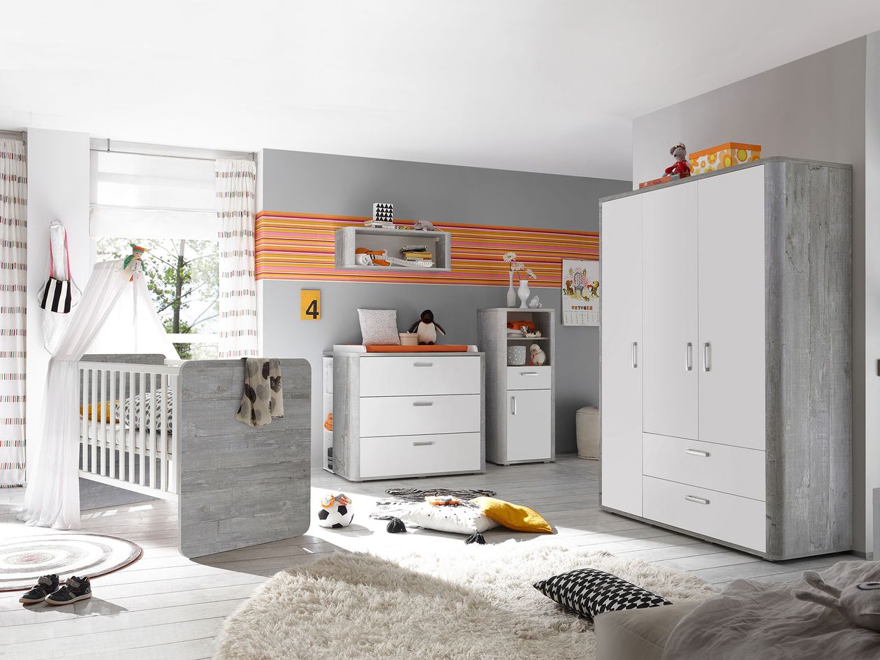Mäusbacher Babyzimmerserie Frieda Vintage Wood grey und mit weißen Fronten