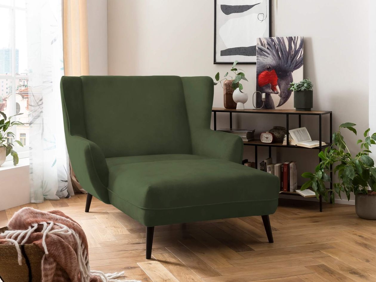 Ein gemütliches Wohnzimmer mit einer grünen Chaiselongue, Pflanzen, einem Bücherregal und Vogelbildern. Sonnenlicht strömt durch ein Fenster mit dünnen Vorhängen.
