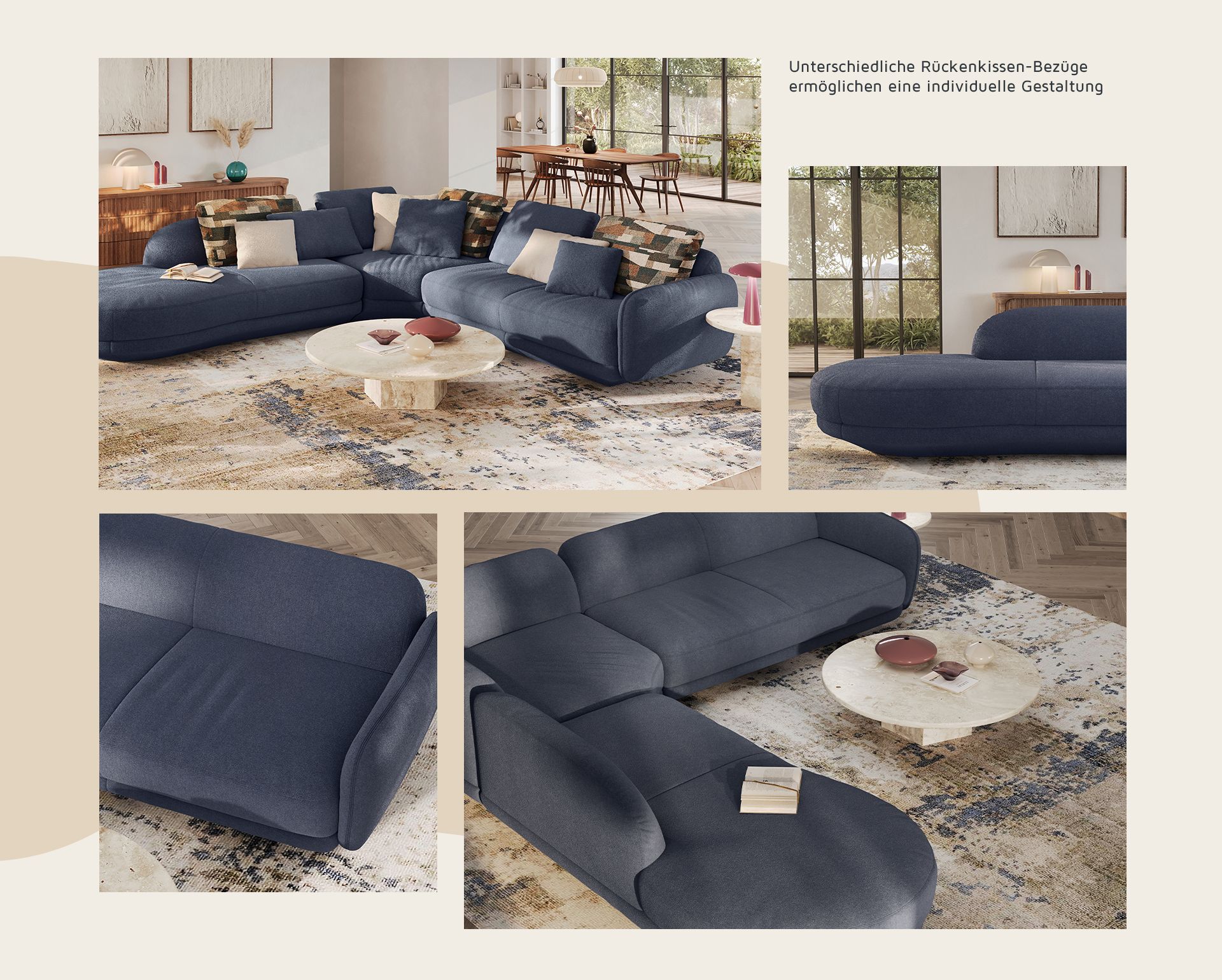 Collage aus Detailaufnahmen des planbaren Designsofas MIU aus den Segmüller Werkstätten in dunkelblauer Ausführung