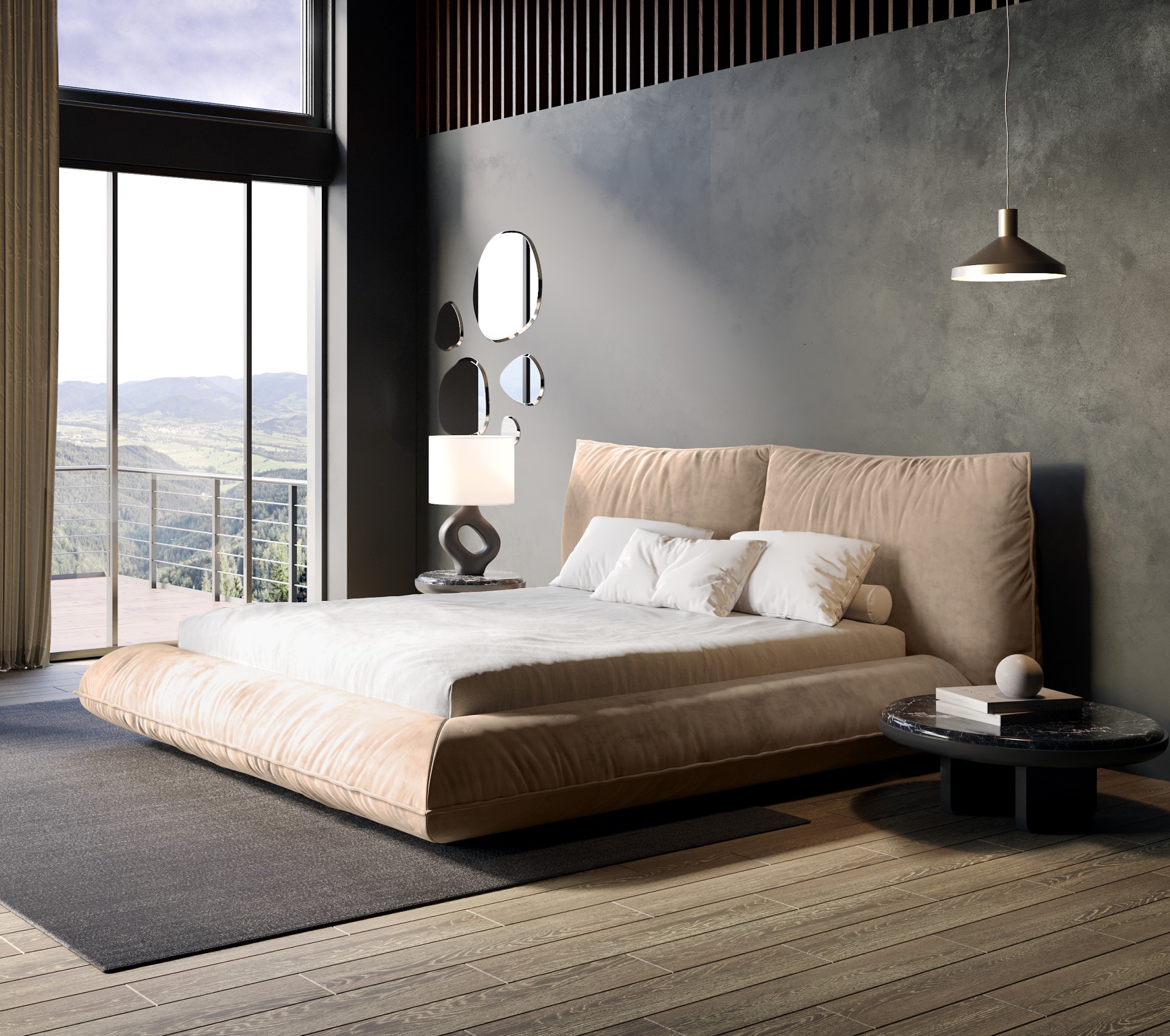 Polsterbett Fluffy von Designwerk in braunem Leder in einem modernen Raum im Fabrikstil