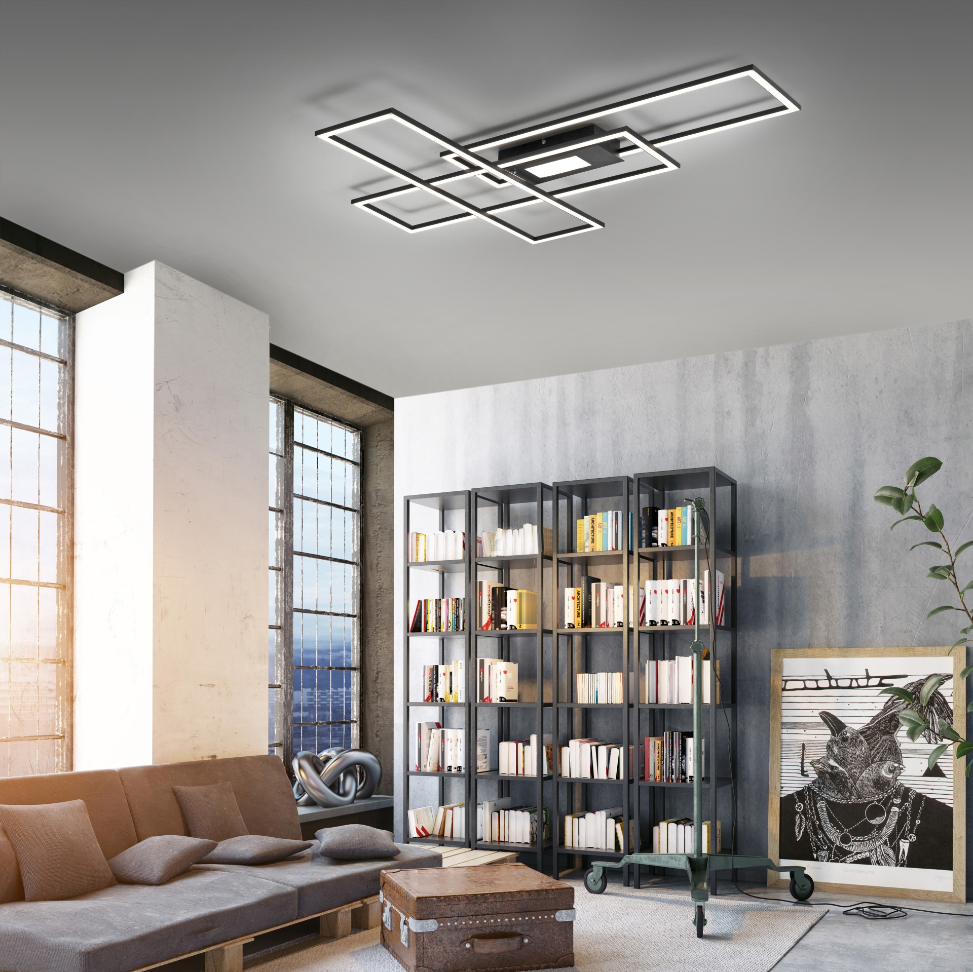 LED-Deckenleuchte Asmin der Marke Just Light. aus schwarzem Metall in einem modern gestalteten Büro