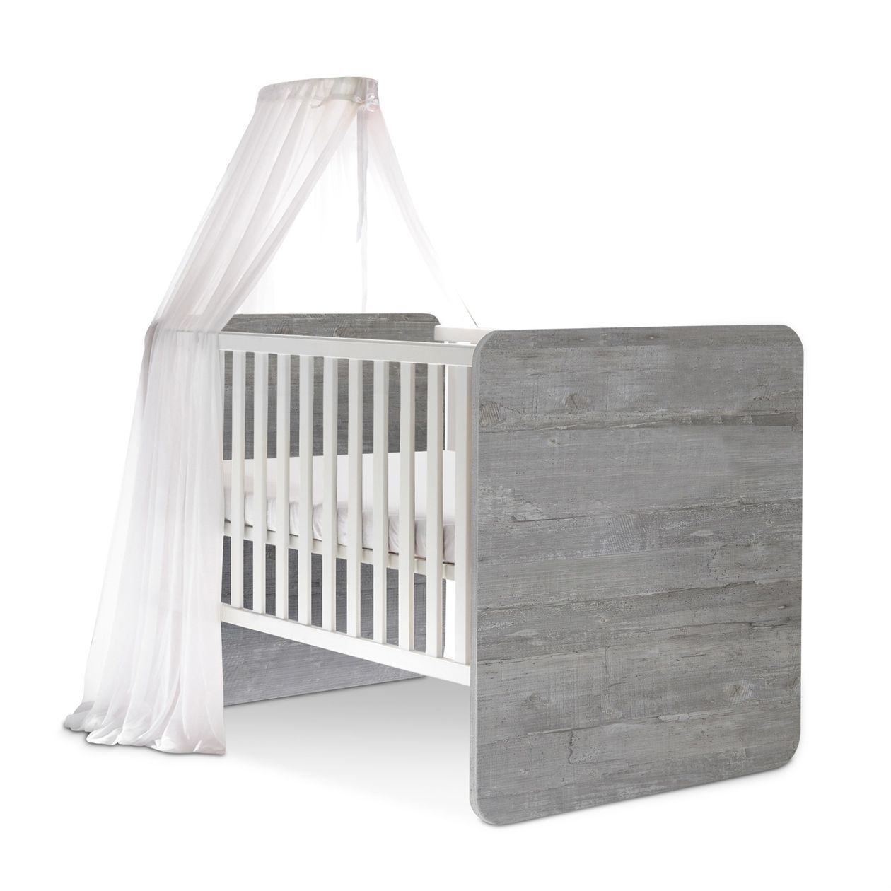 Babybett Frieda aus dem Hause Mäusbacher aus grauem Dekor mit Himmel für Babys