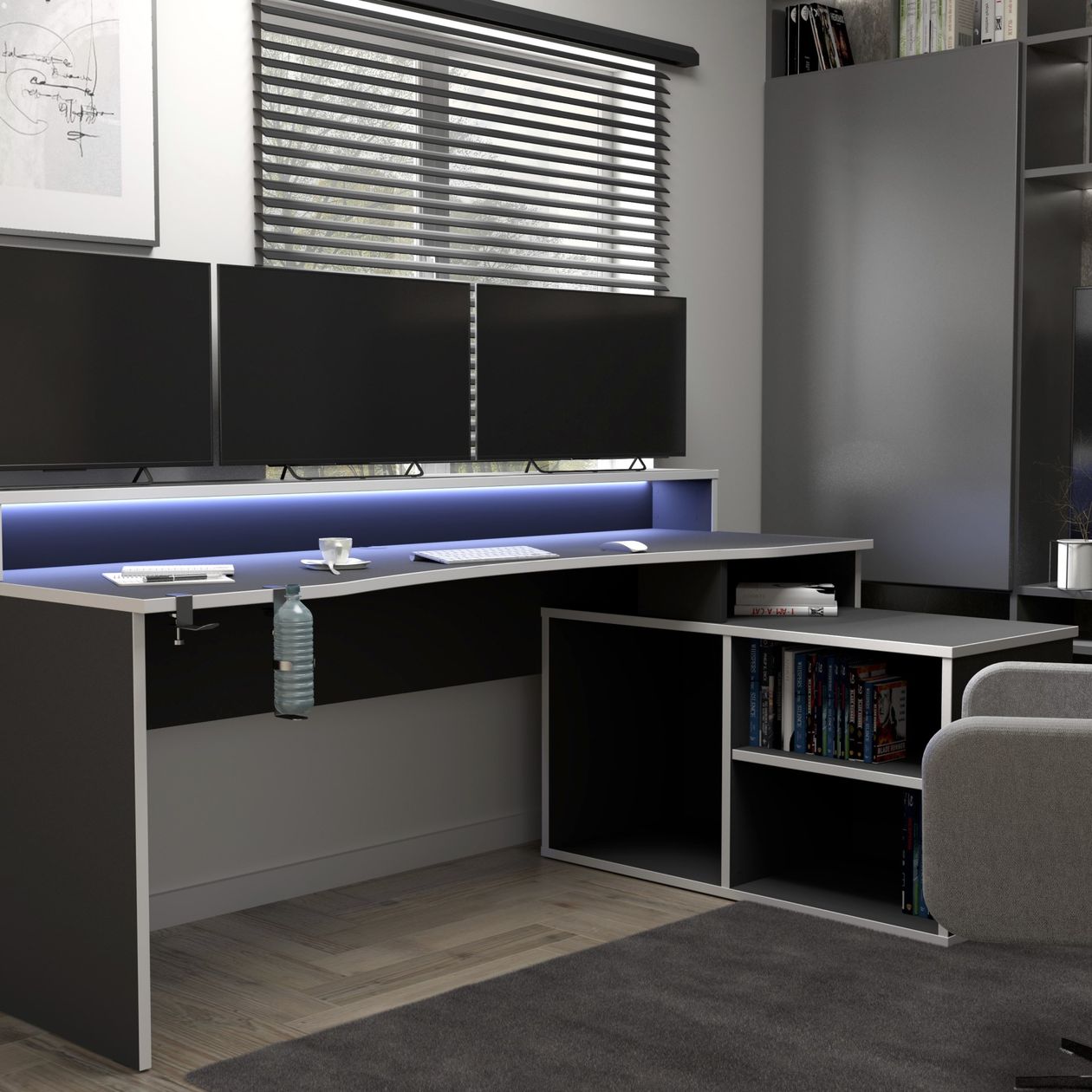 Schreibtisch Tezaur aus dem Hause FORTE in schwarzer Holzoptik in einem klassisch-funktional eingerichteten Büro