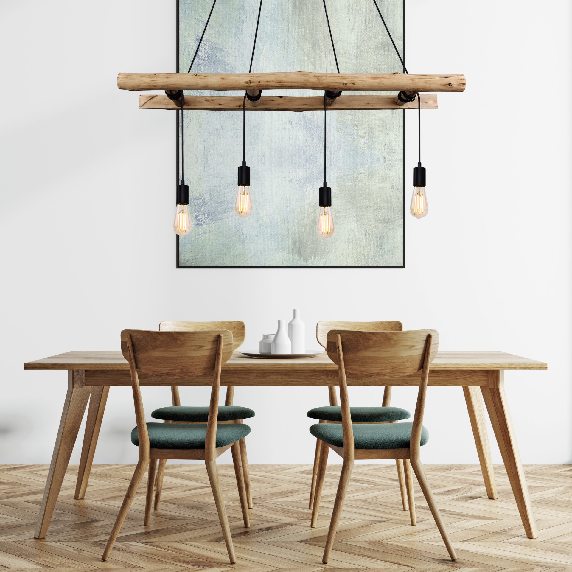 Pendelleuchte Irmgard von Globo aus Holz in einem skandinavischen Esszimmer