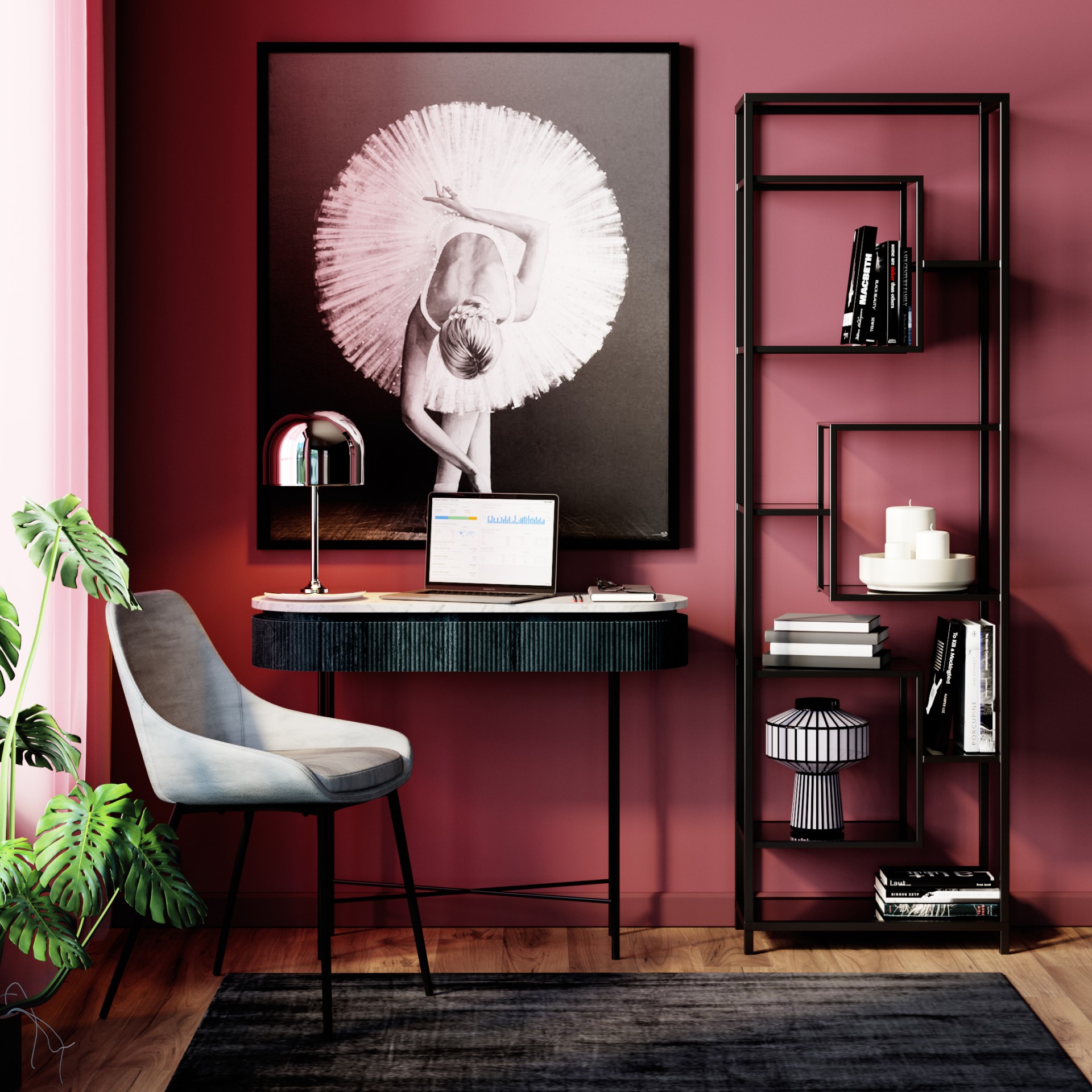 Regal Loft von KARE DESIGN aus schwarzem Metall als Teil schwarzer Einrichtung als Kontrast zur dunkelroten Wand