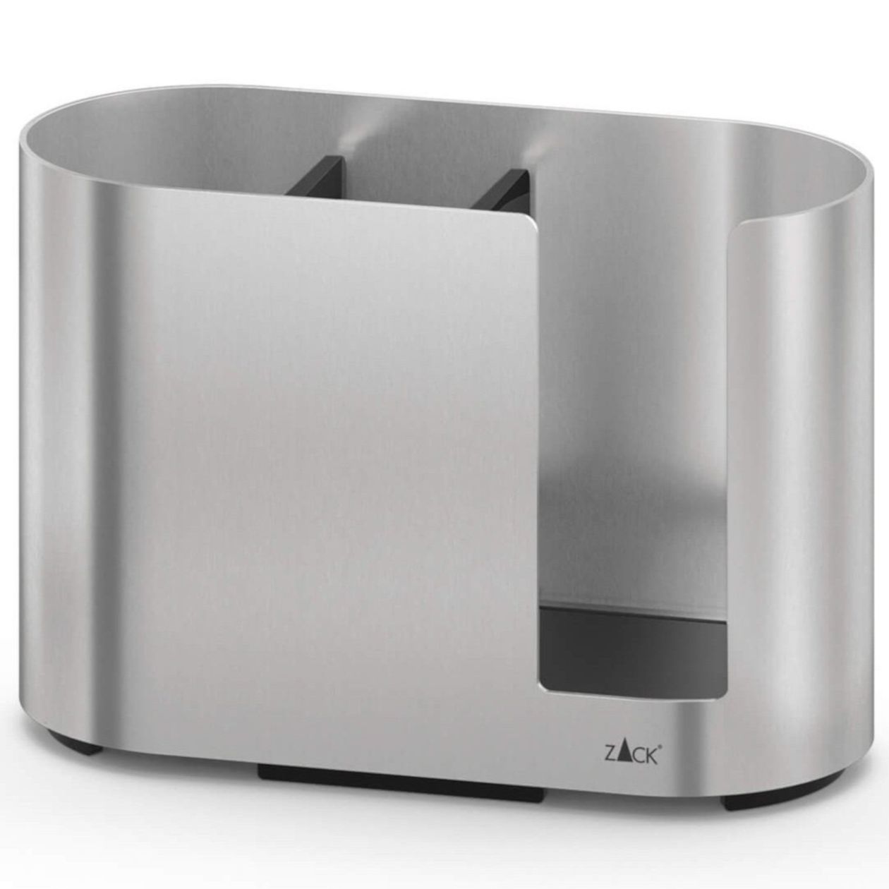 Eleganter Serviettenhalter aus Edelstahl mit modernem, ovalem Design und offenen Seiten, auf der Vorderseite mit dem Markennamen „Zack“ versehen.