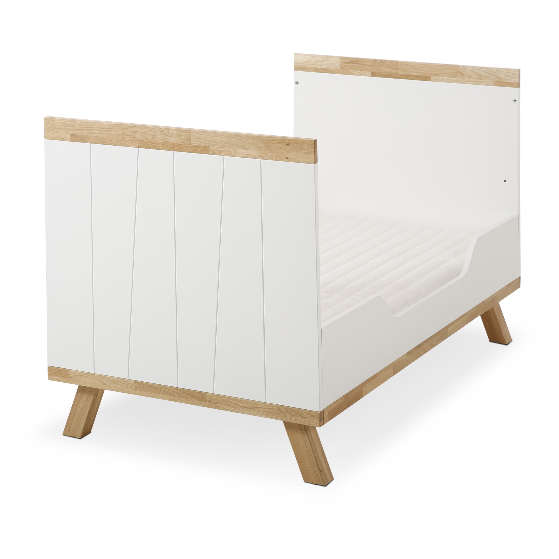 Babybett Talsi von Portobello aus weißem Holz mit abmontiertem Gitter für Kinder im Vorschulalter