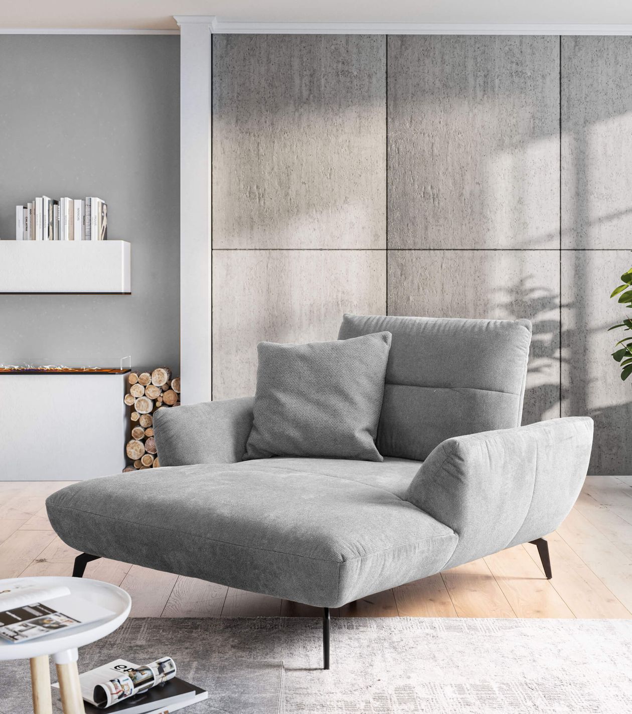 Graues Sofa vor einer modernen Wand, daneben ein Tisch mit Zeitschriften und eine Pflanze im Sonnenlicht. Im Hintergrund Bücher und Holzscheite.