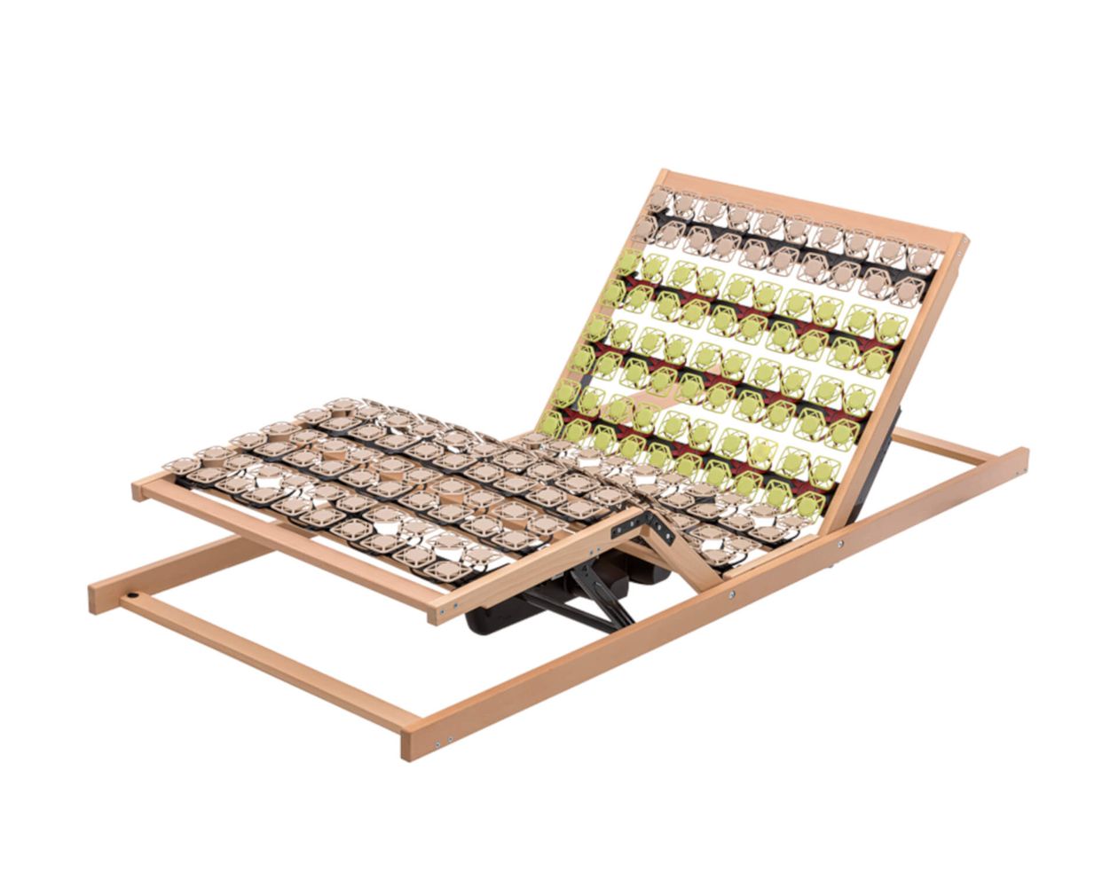 Verstellbarer Lattenrost mit Holzrahmen und gefederten Segmenten in verschiedenen Farbtönen, für individuellen Komfort.