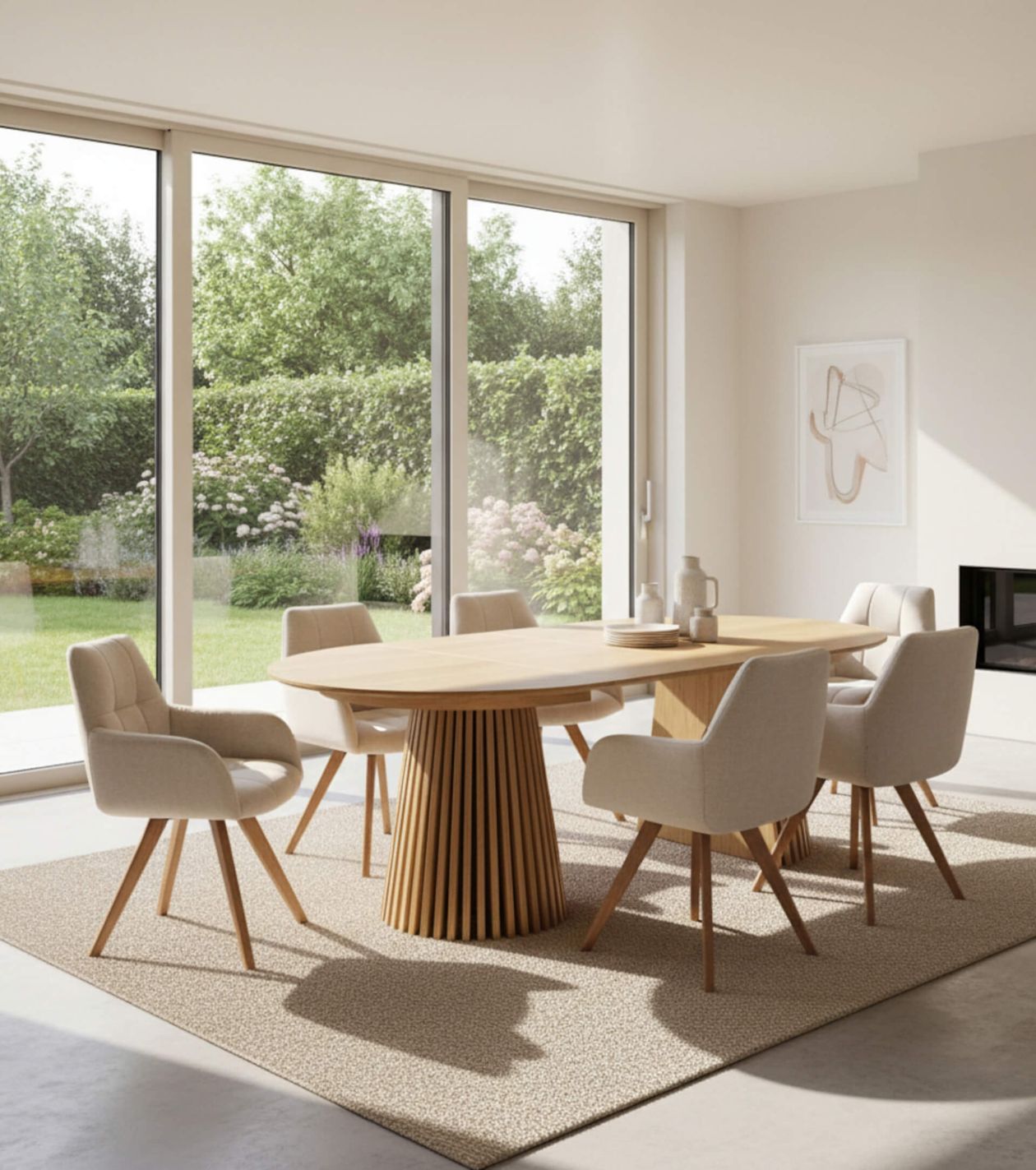 Modernes Esszimmer mit Holztisch und sechs weißen Stühlen, großes Fenster mit Gartenblick, helle und minimalistische Einrichtung.