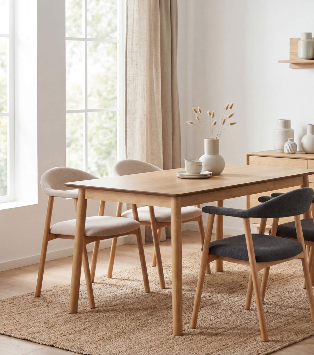 Esszimmer mit Holztisch, vier Stühlen und minimalistischer Dekoration. Große Fenster und helle Vorhänge betonen das natürliche Licht.