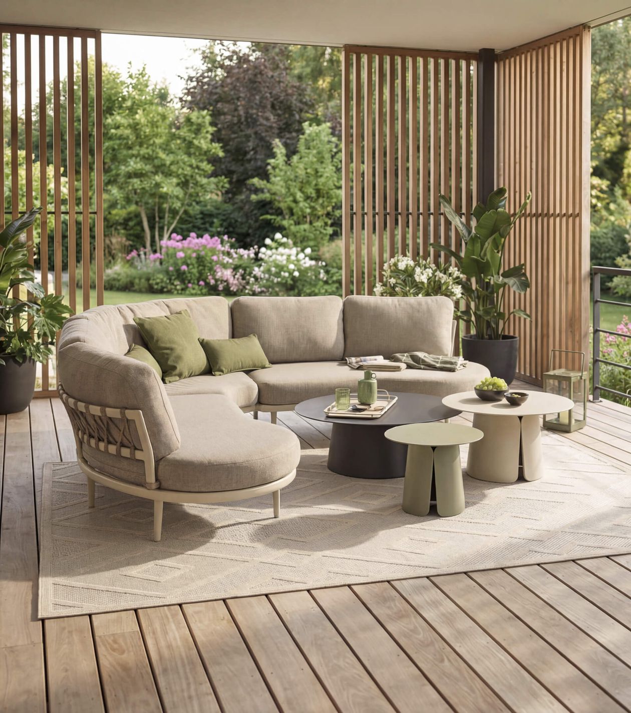 Grau-beige Sitzgruppe auf Holzterrasse, umgeben von Pflanzen und Holzgitter, mit Couchtischen, Kissen und grüner Dekoration.