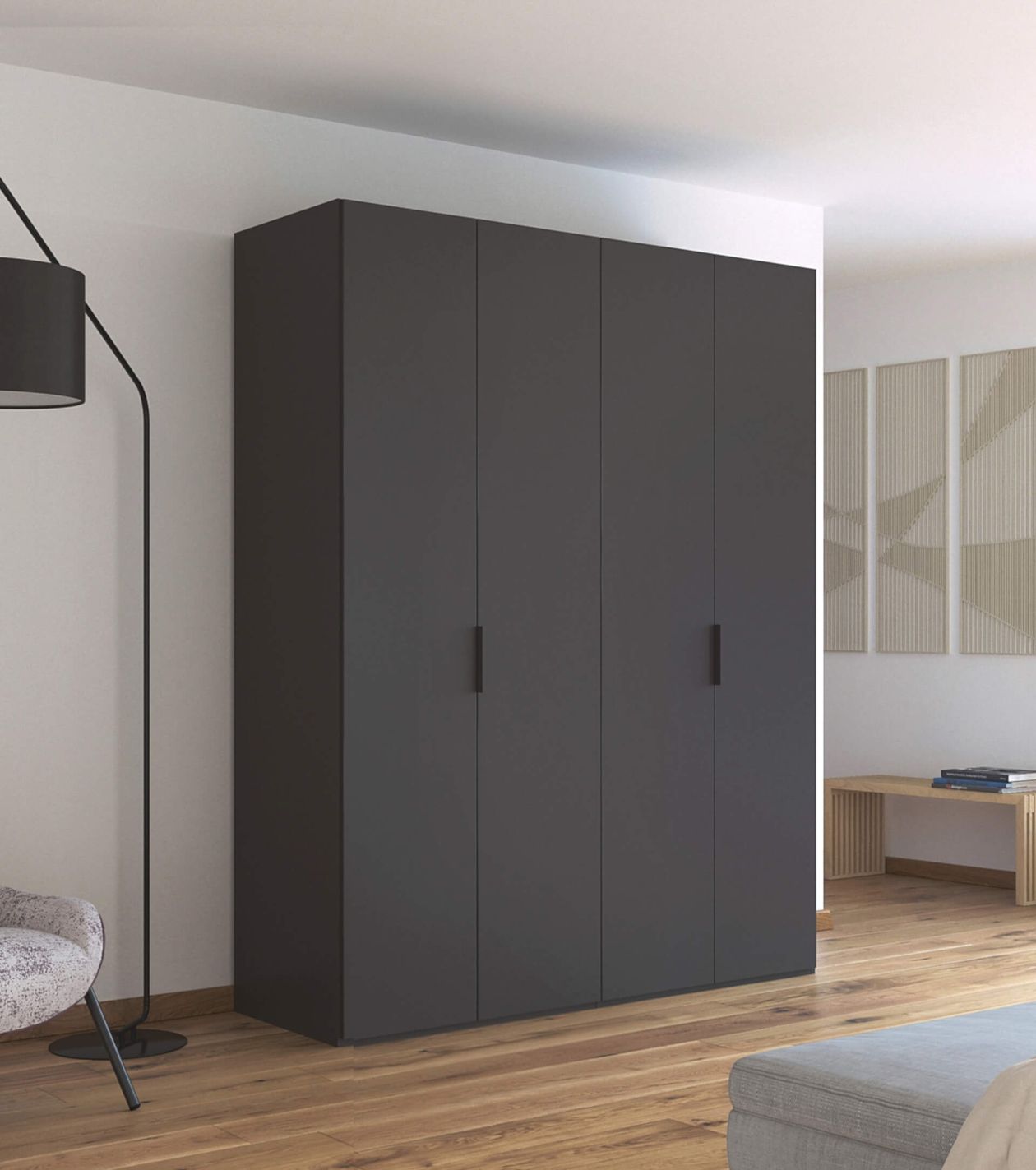 Dunkler Schrank mit vier Türen in modernem Raum mit hellem Holzboden, grauem Sessel und dekorativen Wandpaneelen.