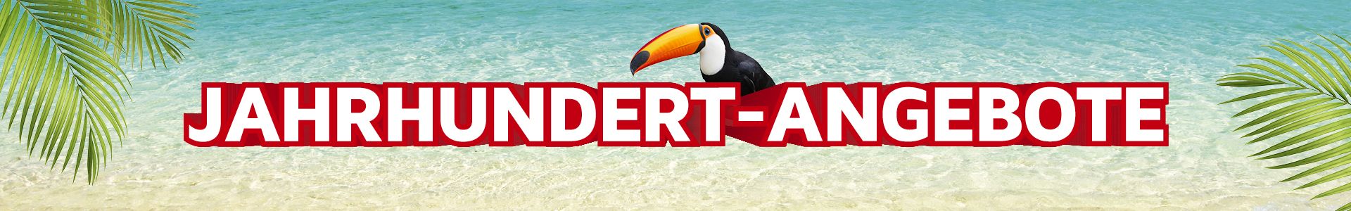 Teasergrafik für Jahrhundertangebote auf Strandhintergrund mit Palmenblättern und Tukan
