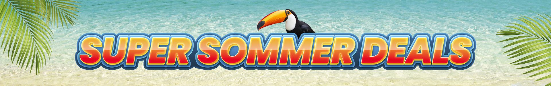 Segmüller Super Sommer Deals Teaser mit gelb-roter Schrift vor einem paradiesischen Hintergrund mit Strand, Meer, Palmenblättern und einem Tukan.