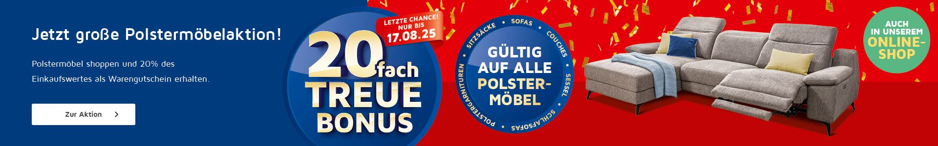 Teaser für eine 20fach Treue-Bonus-Aktion auf Polstermöbel mit grauem Sofa auf einem roten Hintergrund.