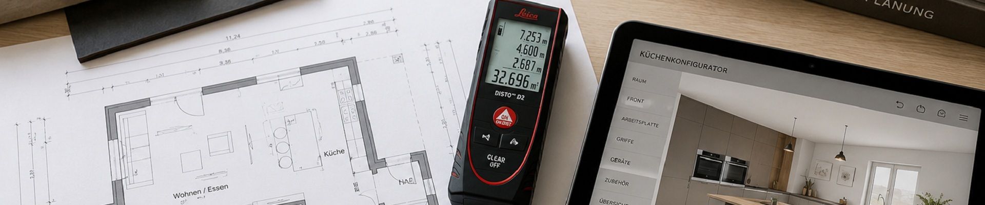 Architekturplan, Lasermessgerät und Tablet mit Küchendesign-App auf einem Tisch.