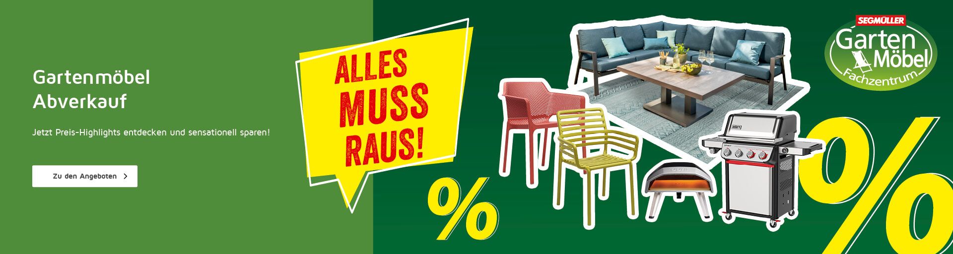 Teasergrafik für den Verkauf von Gartenmöbeln mit bunten Stühlen, einem Sofa, einem Grill und dem Text „Alles muss raus!“ auf einem grünen Hintergrund.