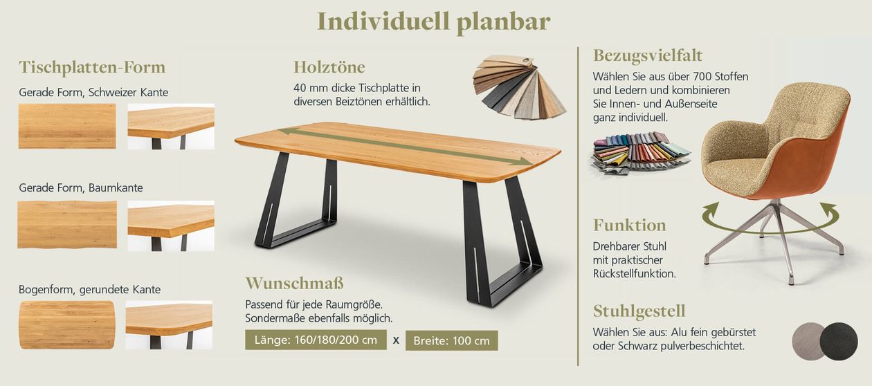 Individuell planbares Möbelset: Tisch mit Holzplatten-Formen, Wunschmaßen und Beiztönen; drehbarer Stuhl mit Stoffauswahl und Metallgestell.