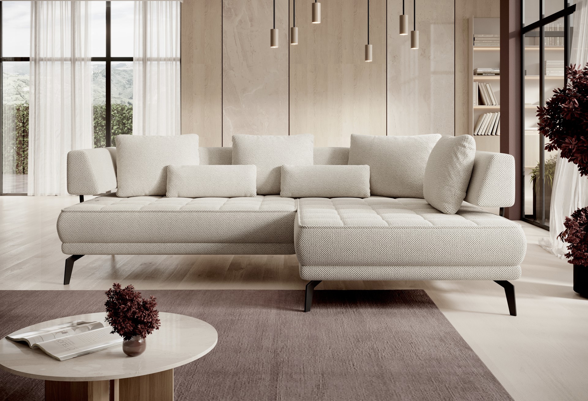 Ecksofa Giotto aus cremefarbenen Stoff in einem minimalistisch eingerichteten Wohnzimmer