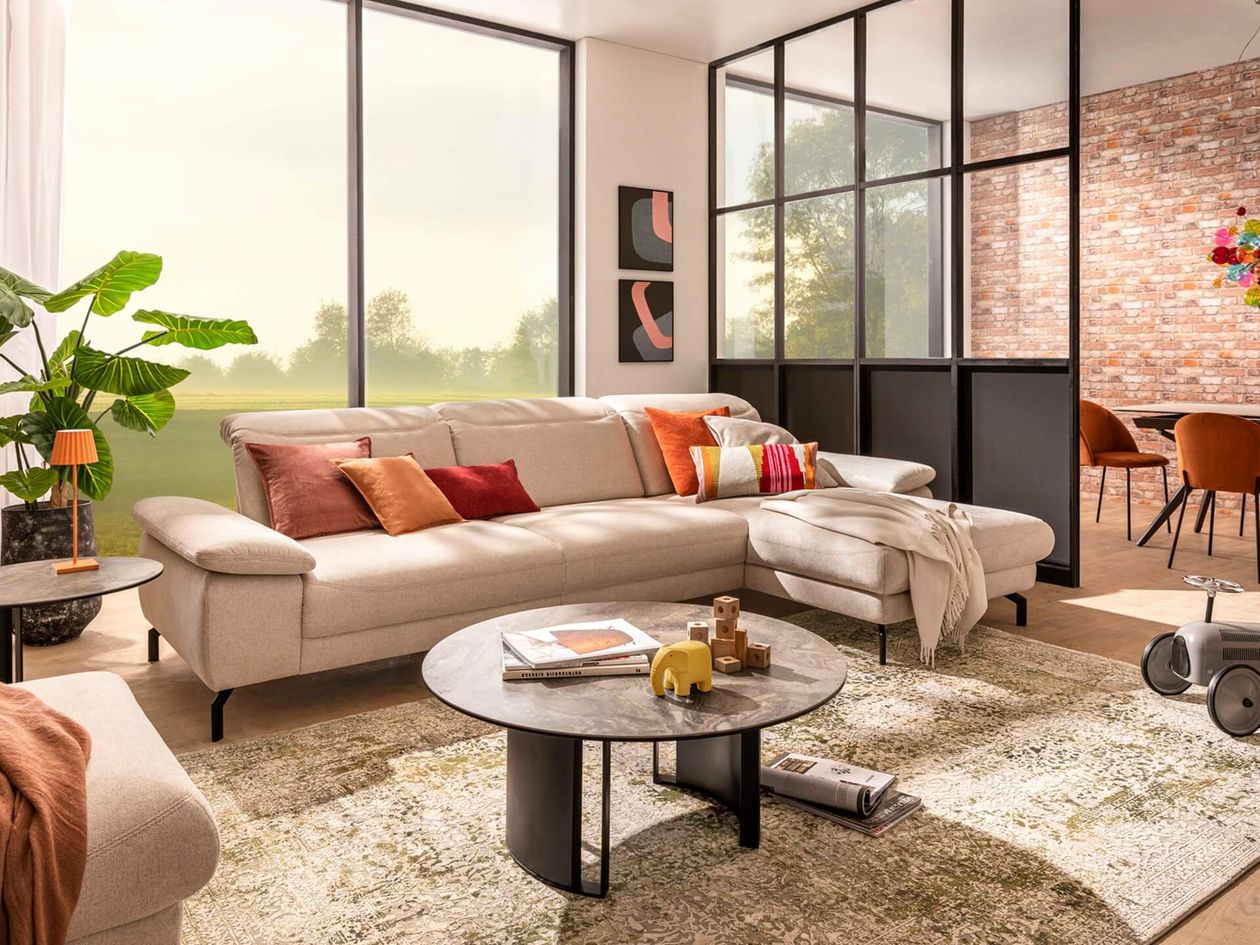 Moderner Wohnraum mit hellem Sofa, Couchtisch, Pflanzen und einer schwarzen Glas-Raumtrennung, die den Wohnbereich vom Esszimmer trennt.