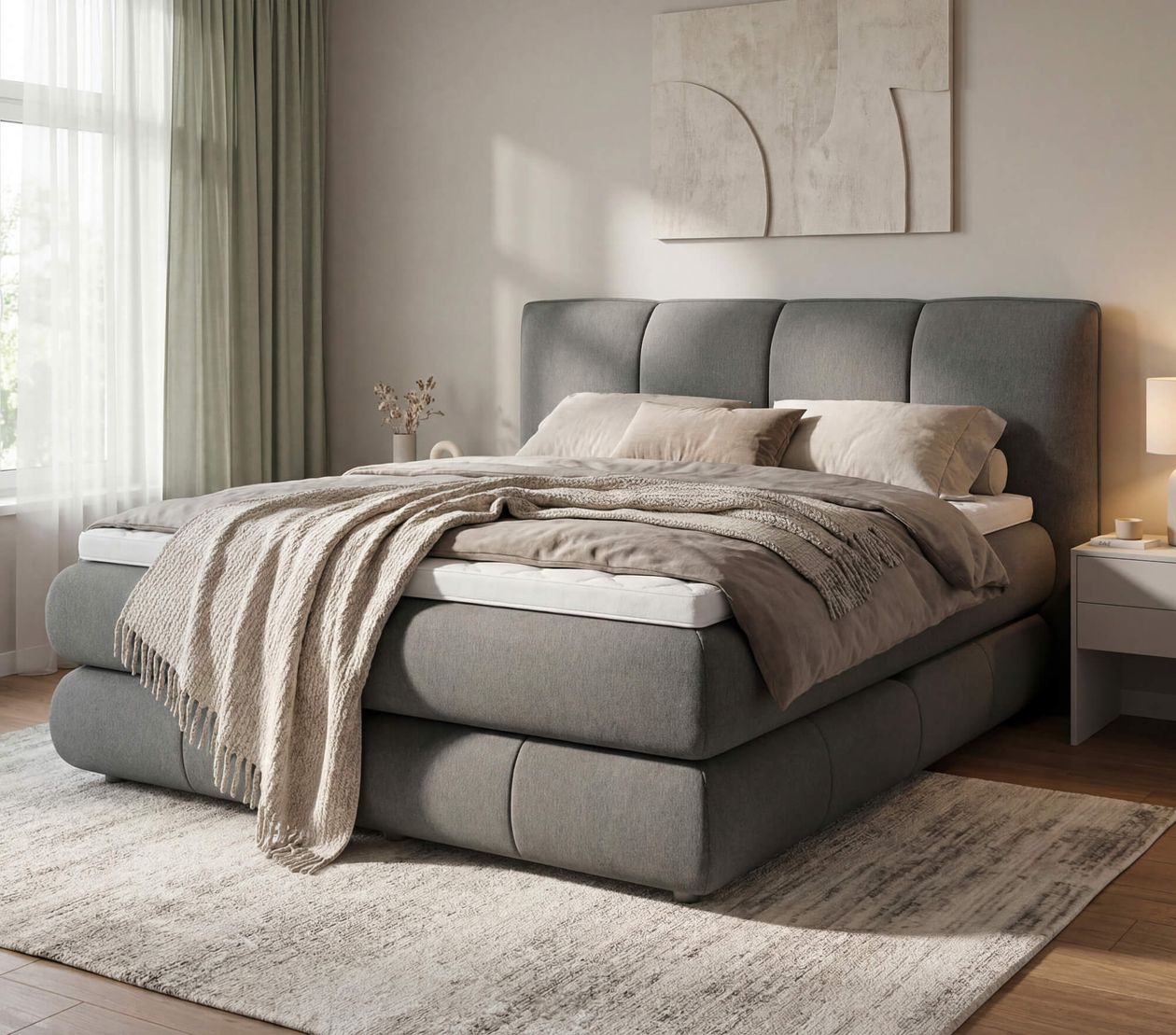 Elegantes Schlafzimmer mit grauem Boxspringbett, beigefarbener Bettwäsche, Teppich und Lampe auf einem Nachttisch, Licht durch Fenster.
