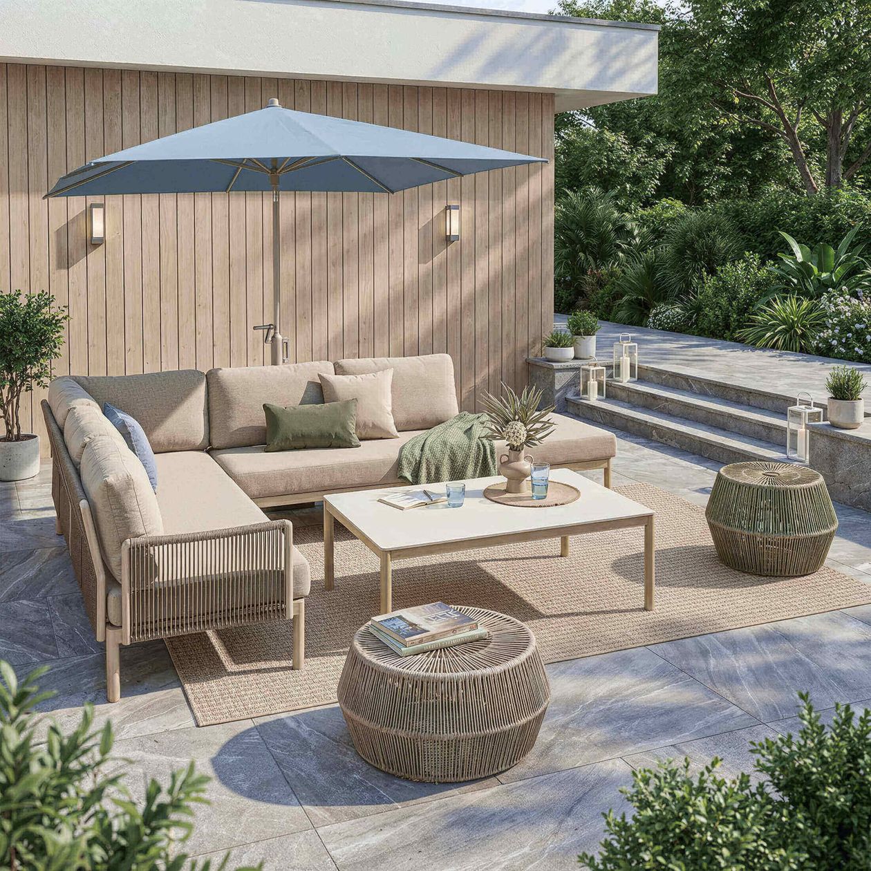 Moderne Terrasse mit einem beigen Ecksofa, zwei kleinen Tischen und einer Topfpflanze auf einer mit Steinfliesen gepflasterten Terrasse neben einem Gebäude mit Natursteinmauern.