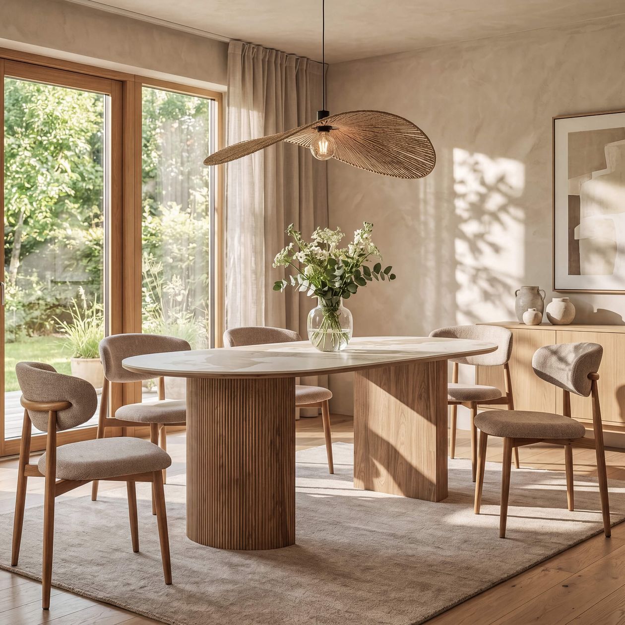 Moderner Speiseraum mit Holzmöbeln, ovalem Tisch, grauen Stühlen, hängender Lampe und Glasvase mit Blumen, samt großen Fenstern mit Blick auf Garten.