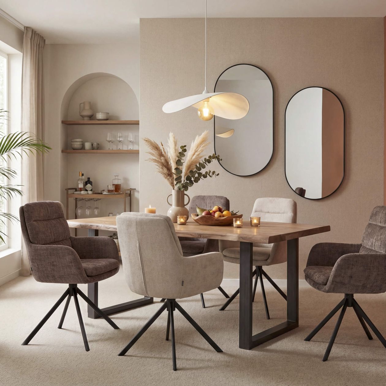 Esszimmer im modernen, neutralen Stil mit Holztisch, Schwingstühlen, Spiegeln, Deko mit Pampasgras und Kerzen, und Tageslicht von links.