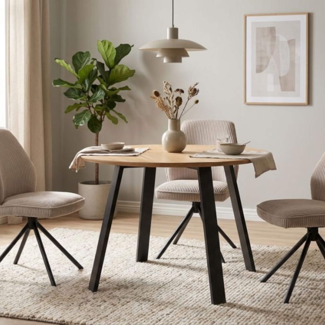 Runder Holztisch mit schwarzem Gestell, beige Stühle, hängende Lampe, Zimmerpflanze, Teppich und abstraktes Bild an der Wand.
