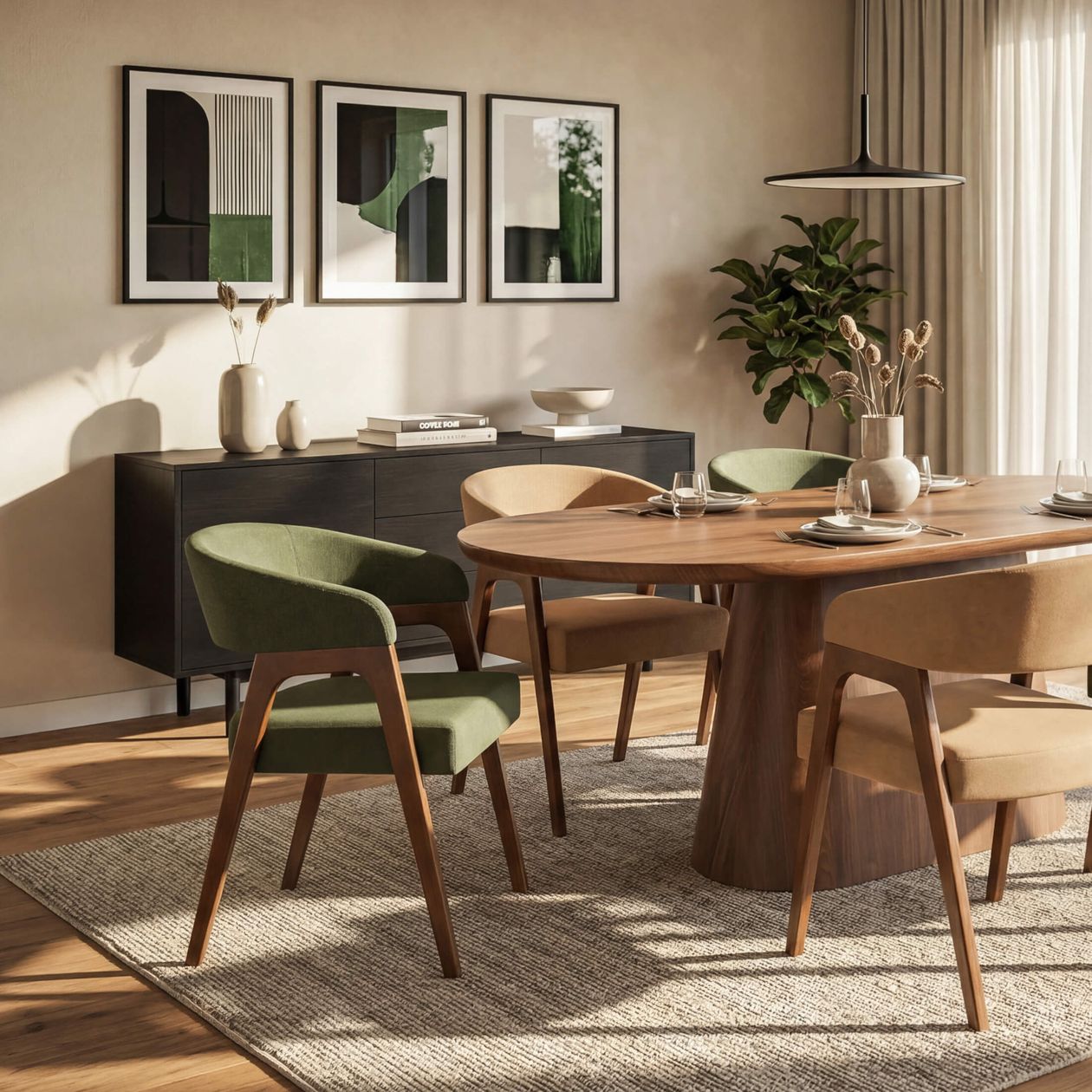 Esszimmer mit Holztisch, vier Stühlen, Wandkunst und Pflanzen. Gedämpftes Licht fällt durch Fenster auf den Teppichboden und die Möbel.