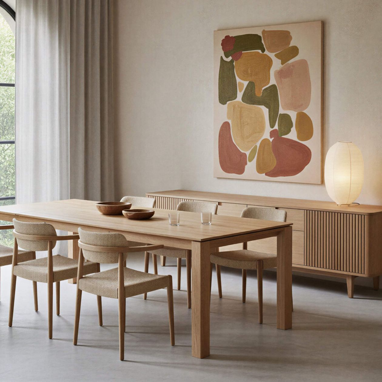 Ein minimalistisches Esszimmer mit einem Holztisch, vier Stühlen, einem Sideboard, abstrakter Kunst, einer Papierlampe und einem großen Fenster mit Vorhängen.