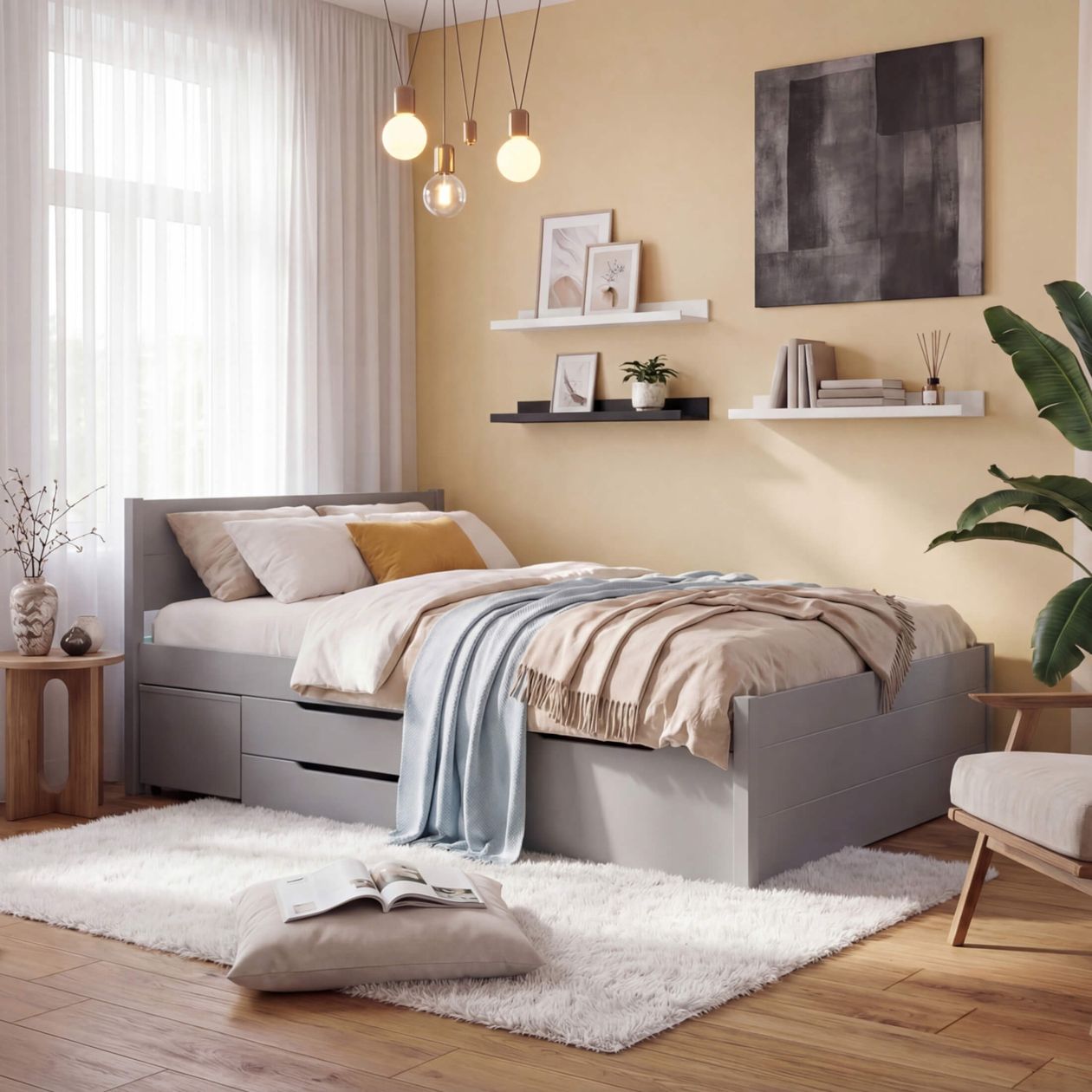 Ein gemütliches Schlafzimmer mit einem grauen Bett, weichen Decken und Kissen. Regale mit Deko an einer beigen Wand, ein großes Fenster und ein flauschiger weißer Teppich auf dem Holzboden.