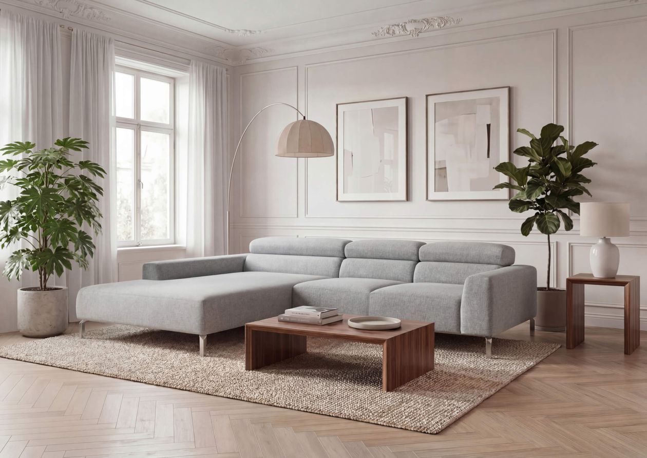 Ein modernes Wohnzimmer mit einem grauen Ecksofa, einem Couchtisch aus Holz, zwei Topfpflanzen, einem großen Fenster mit Vorhängen und einer minimalistischen Wandgestaltung.