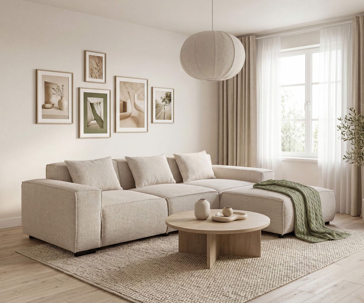 Modernes Wohnzimmer mit beigem Sofa, rundem Holztisch, grüner Decke, Kunstwerken an der Wand, großem Fenster und sanften Vorhängen.