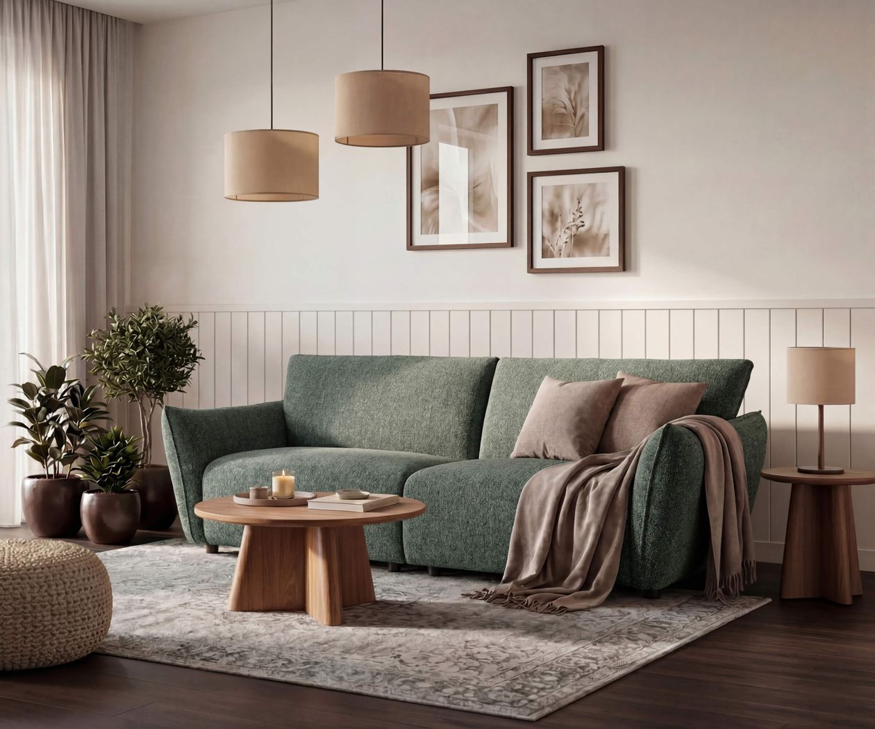 Gemütliches Wohnzimmer mit grünem Sofa, Holztisch, Pflanzen, Teppich und Wandbildern. Beige Lampen und Kissen ergänzen das Ambiente.