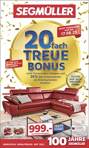 Titel eines Prospekts mit rotem Ecksofa, Werbung für einen Treuebonus und Details zum SEGMÜLLER Super Sommer.