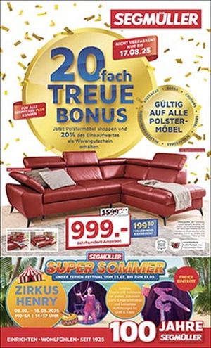 Titel eines Prospekts mit rotem Ecksofa, Werbung für einen Treuebonus und Details zum SEGMÜLLER Super Sommer.