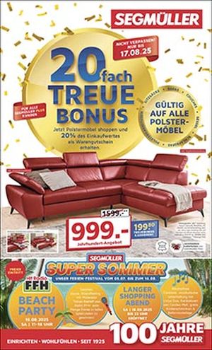 Titel eines Prospekts mit rotem Ecksofa, Werbung für einen Treuebonus und Details zum SEGMÜLLER Super Sommer.