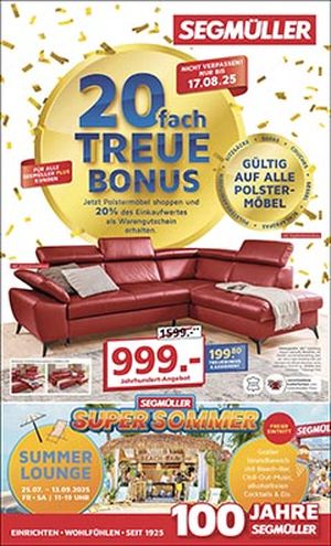 Titel eines Prospekts mit rotem Ecksofa, Werbung für einen Treuebonus und Details zum SEGMÜLLER Super Sommer.