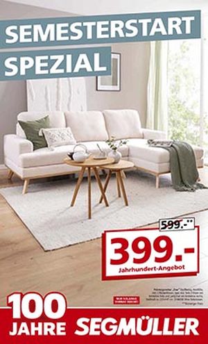 Titel des Prospekts "Semesterstart Spezial" mit hellem Ecksofa und roten Preisen.