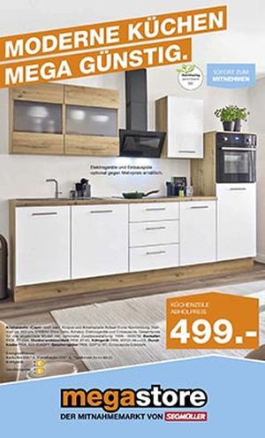 Titelseite eines SEGMÜLLER Küchenprospektes, die eine moderne Küchenzeile mit Fronten in Weiß und Holzoptik zeigt, die für 499 € angeboten wird.