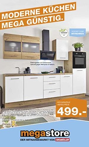 Titel des Prospekts "MegaStore Küchen" mit einer hellen Küchenzeile und orangefarbener Schrift.