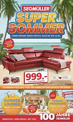 Titel eines Prospekts mit rotem Ecksofa, sommerlichen Strand-Layout und Details zum SEGMÜLLER Super Sommer.
